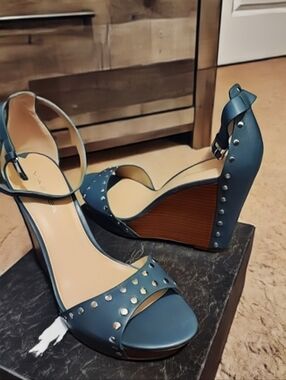 Via Spiga Blue Studded Wedge Sandals with Ankle Strap